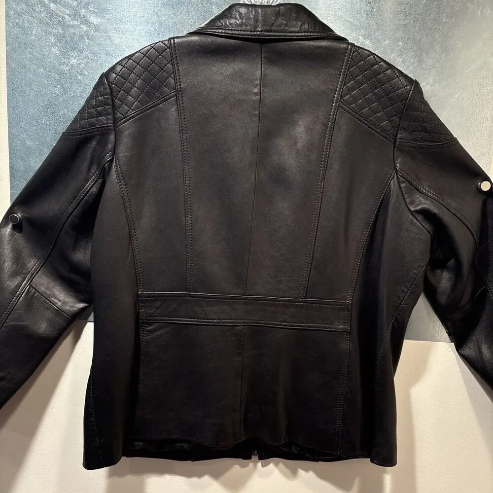 "Anne Klein Coat" Moto Jacket 2X Black 100% Leather Quilted Shoulders Full Zip - Picture 5 of 16